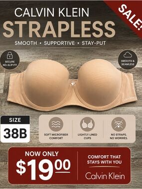 🩷. 8017. Calvin Klein Strapless Smooth Supportive Bra – Nude (38B)